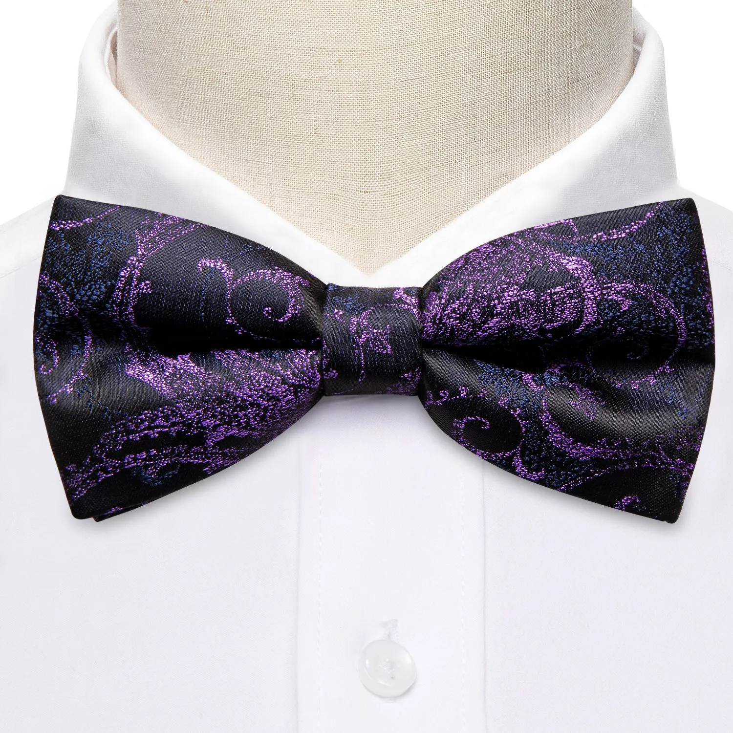 Hi-Tie Black Purple Blue Paisley Pre-tied Bow Tie Hanky Cufflinks Set