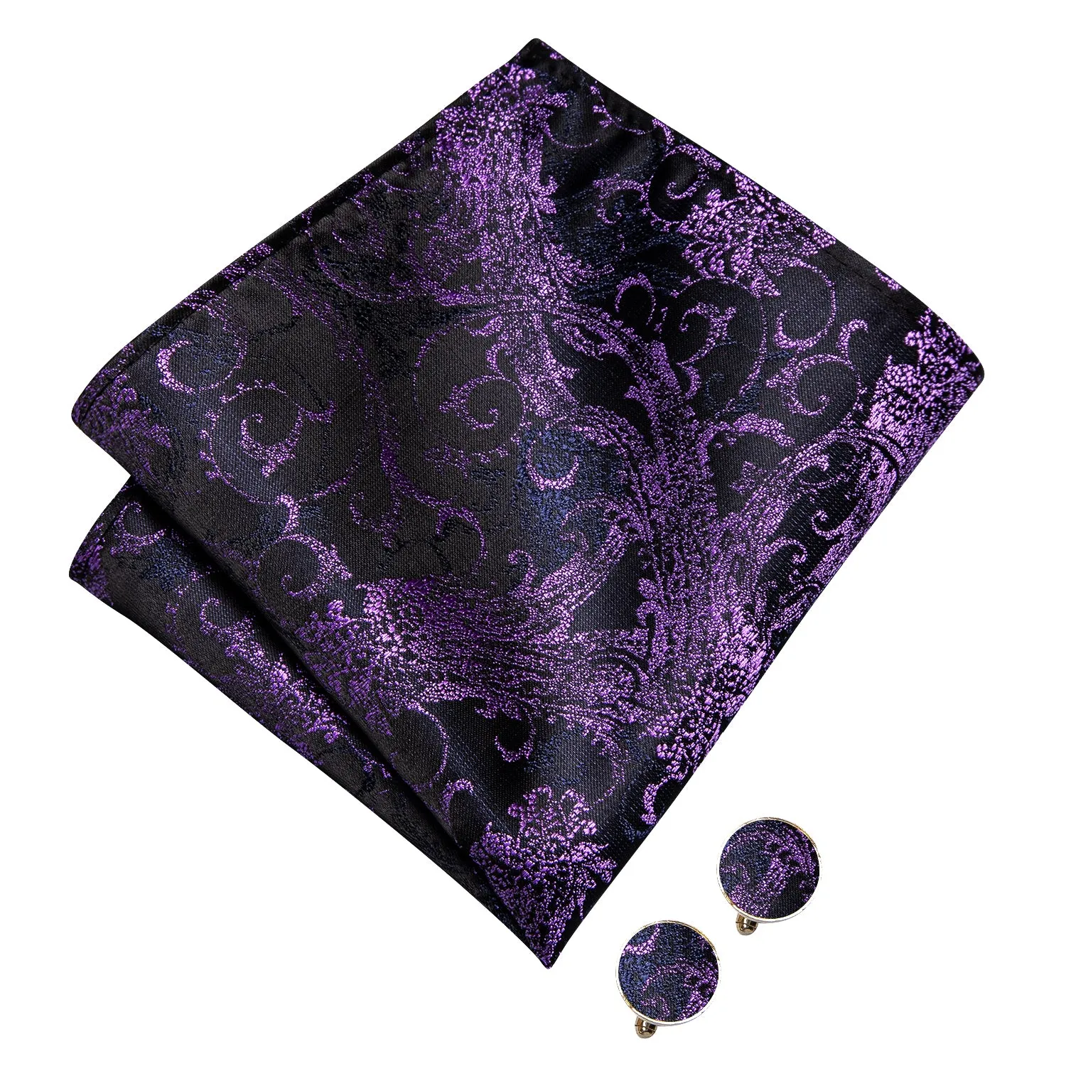 Hi-Tie Black Purple Blue Paisley Pre-tied Bow Tie Hanky Cufflinks Set