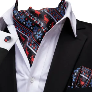 Hi-Tie Black Red Christmas Novelty Ascot Pocket Square Cufflinks Set