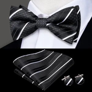 Hi-Tie Black White Strip Dot Silk Pre-tied Bow Tie Hanky Cufflinks Set