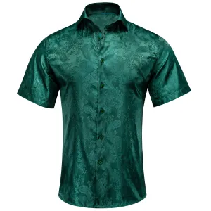 Hi-Tie Dark Green Paisley Silk Men's Button Up Short Sleeve Shirt