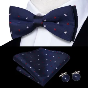 Hi-Tie Deep Blue Bowtie Red White Star Pattern Tie Hanky Cufflinks Set