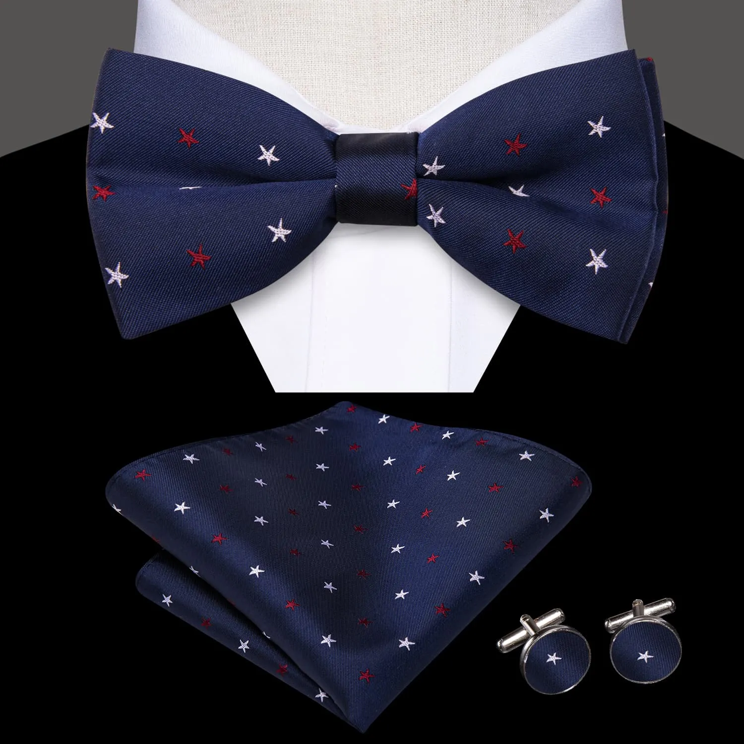 Hi-Tie Deep Blue Bowtie Red White Star Pattern Tie Hanky Cufflinks Set