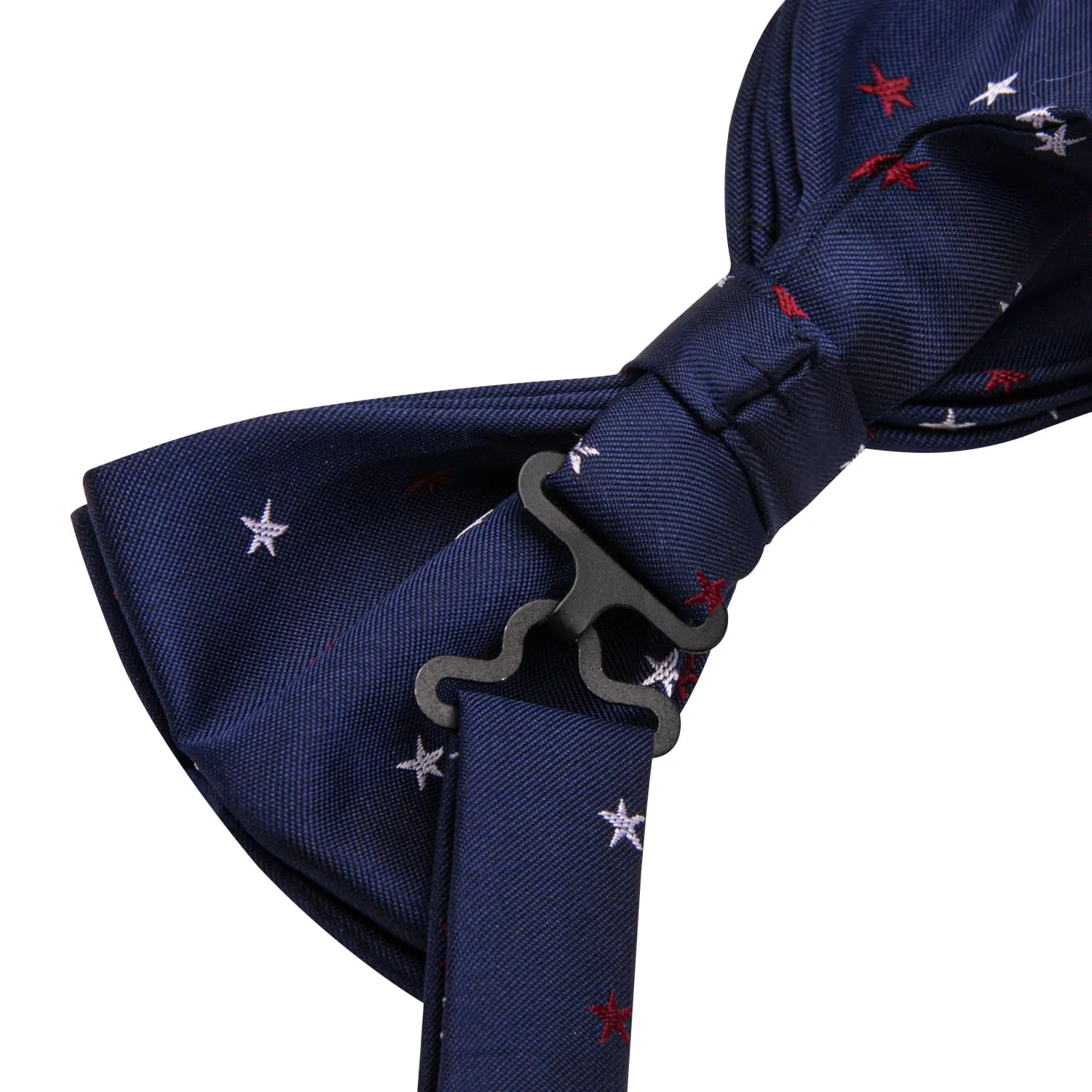 Hi-Tie Deep Blue Bowtie Red White Star Pattern Tie Hanky Cufflinks Set