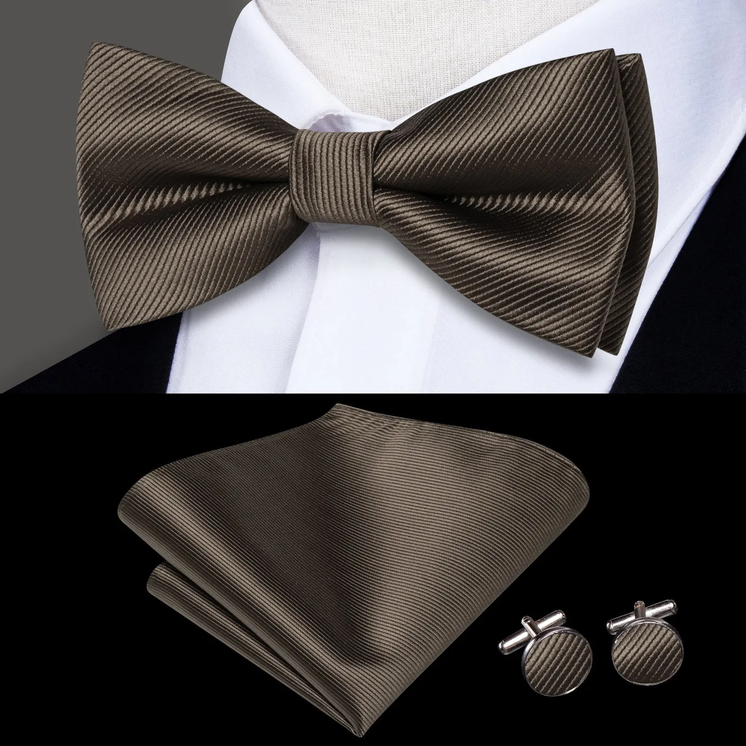 Hi-Tie Designer Bow Ties Brown Grey Striped Tie Hanky Cufflinks Set