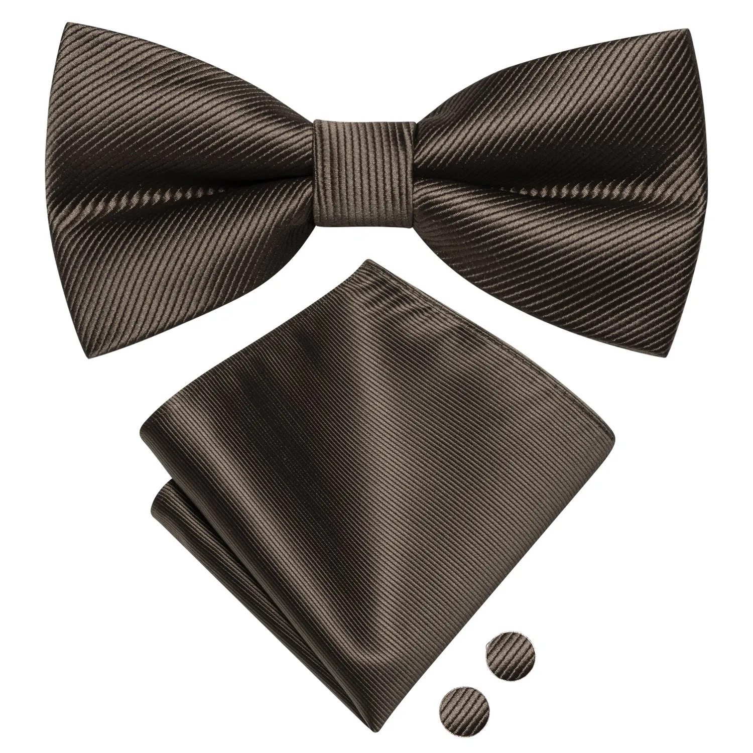 Hi-Tie Designer Bow Ties Brown Grey Striped Tie Hanky Cufflinks Set