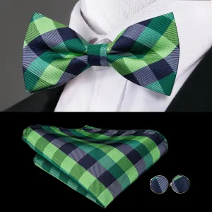 Hi-Tie Green Bow Tie Blue Plaid Pre-tied Bowtie Hanky Cufflinks Set