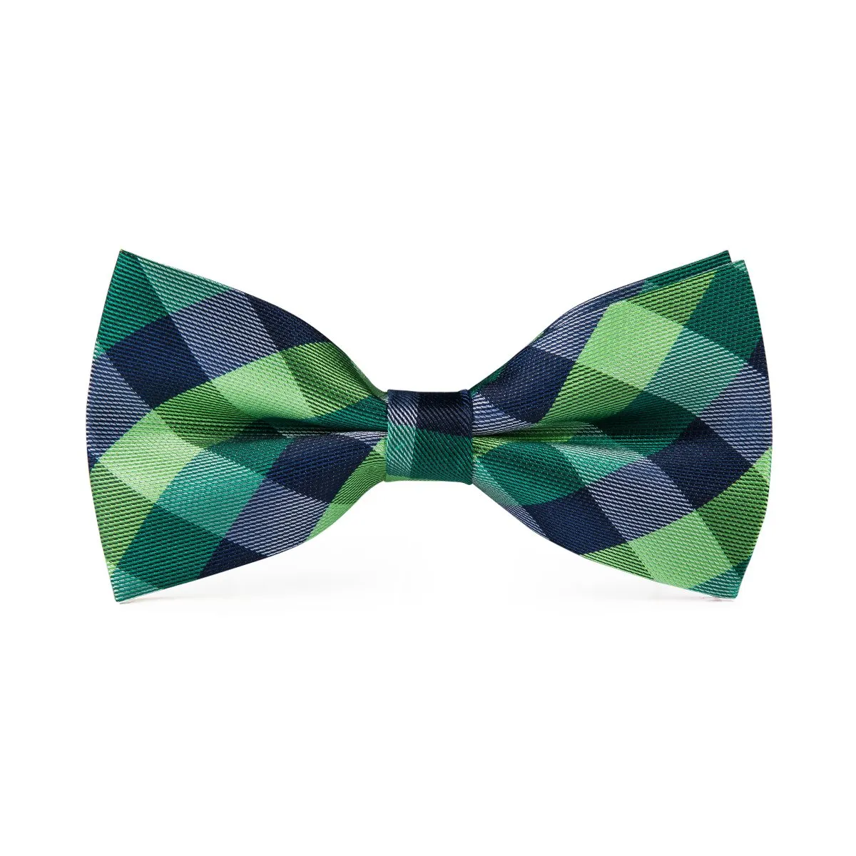 Hi-Tie Green Bow Tie Blue Plaid Pre-tied Bowtie Hanky Cufflinks Set