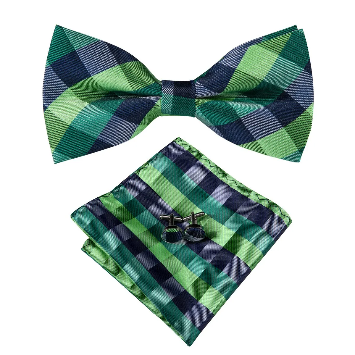 Hi-Tie Green Bow Tie Blue Plaid Pre-tied Bowtie Hanky Cufflinks Set