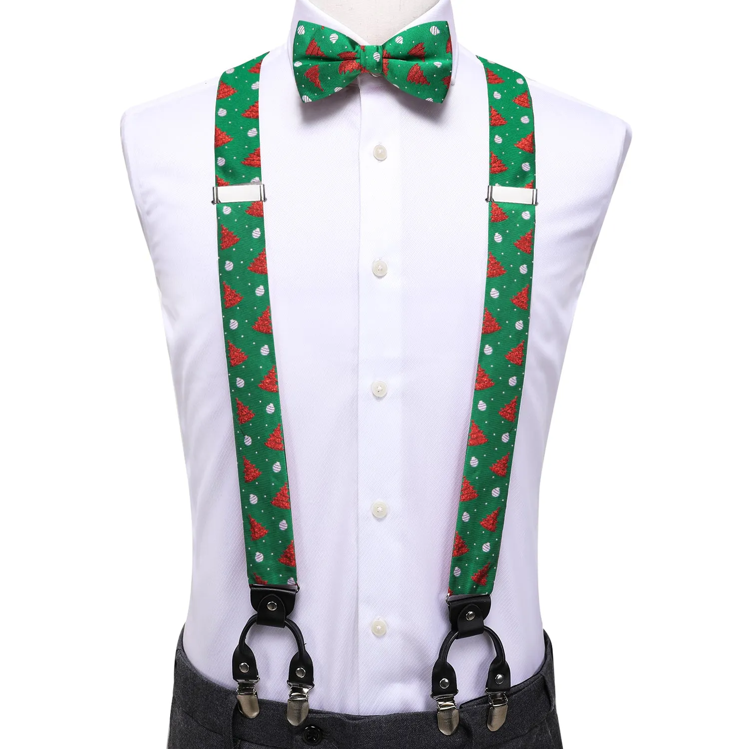 Hi-Tie Green Red Christmas Tree Suspender Bowtie Hanky Cufflinks Set