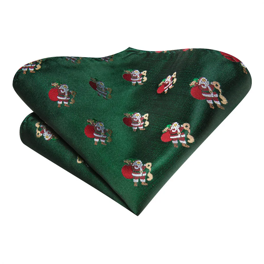 Hi-Tie Green Red Santa Claus Christmas Silk Necktie Pocket Square Cufflinks Set