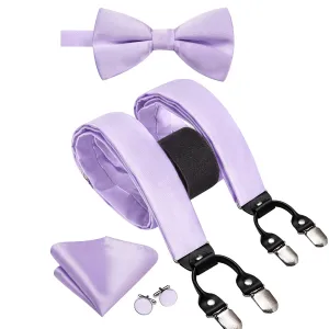 Hi-Tie Lilac Purple Solid Wedding Suspender Bowtie Hanky Cufflinks Set