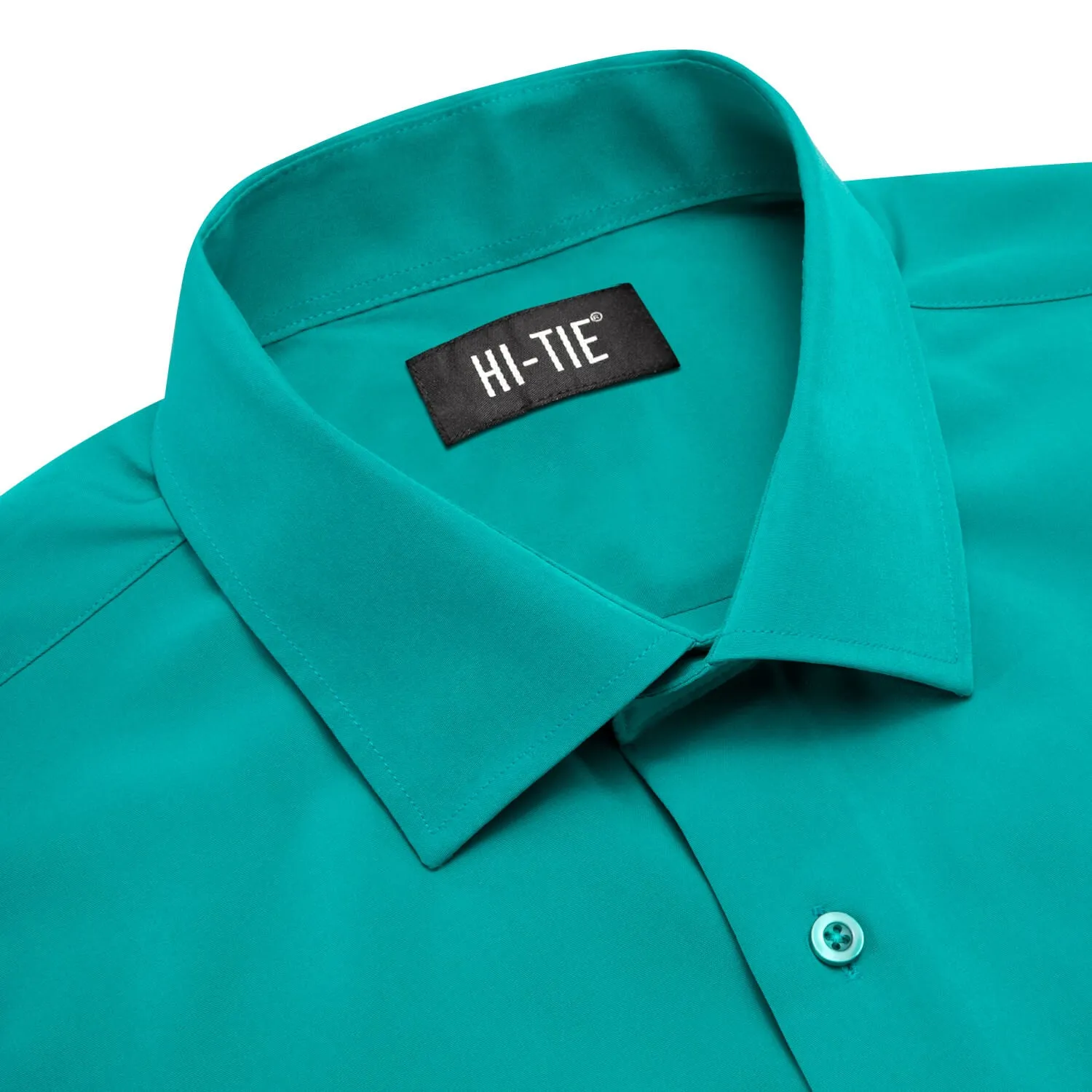 Hi-Tie Long Sleeve Shirt DarkCyan Teal Blue Solid Casual Men's Dress Shirt Top Wear