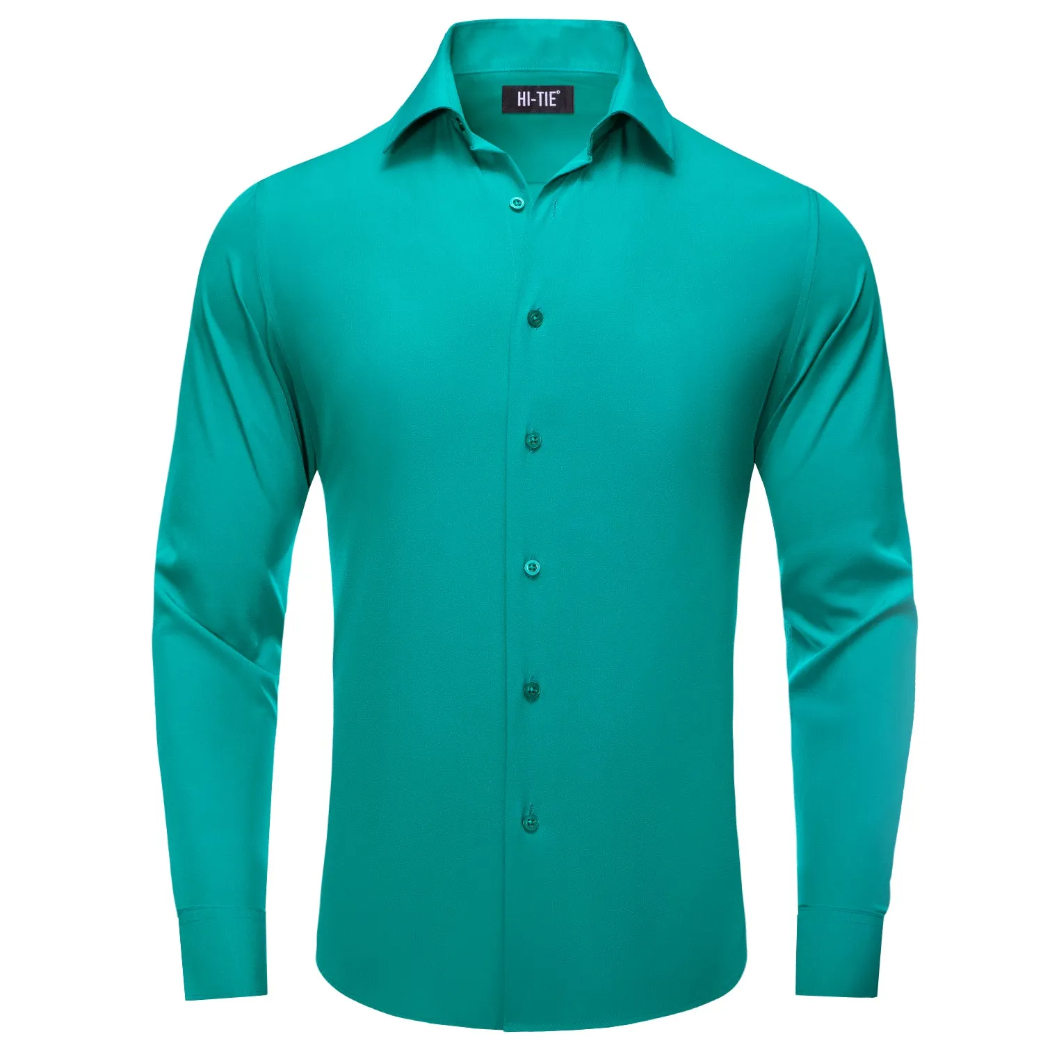 Hi-Tie Long Sleeve Shirt DarkCyan Teal Blue Solid Casual Men's Dress Shirt Top Wear