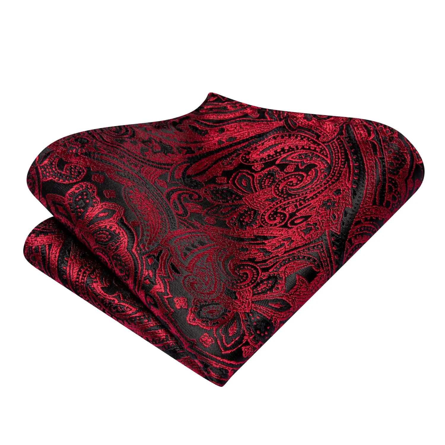 Hi-Tie Red Bow Tie Black Paisley Jacquard Bowtie Hanky Cufflinks Set