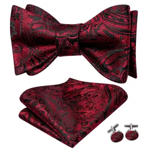 Hi-Tie Red Bow Tie Black Paisley Jacquard Bowtie Hanky Cufflinks Set