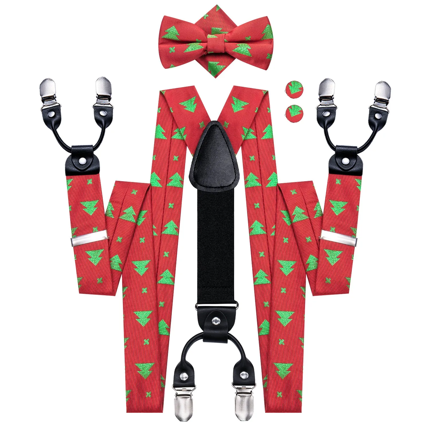 Hi-Tie Red Green Christmas Tree Suspender Bow Tie Hanky Cufflinks Set