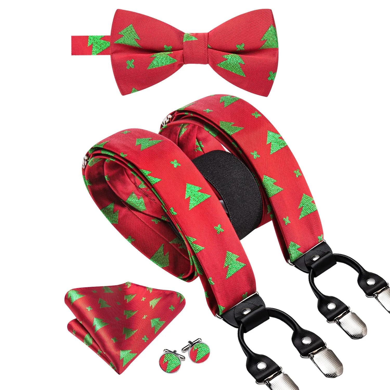 Hi-Tie Red Green Christmas Tree Suspender Bow Tie Hanky Cufflinks Set