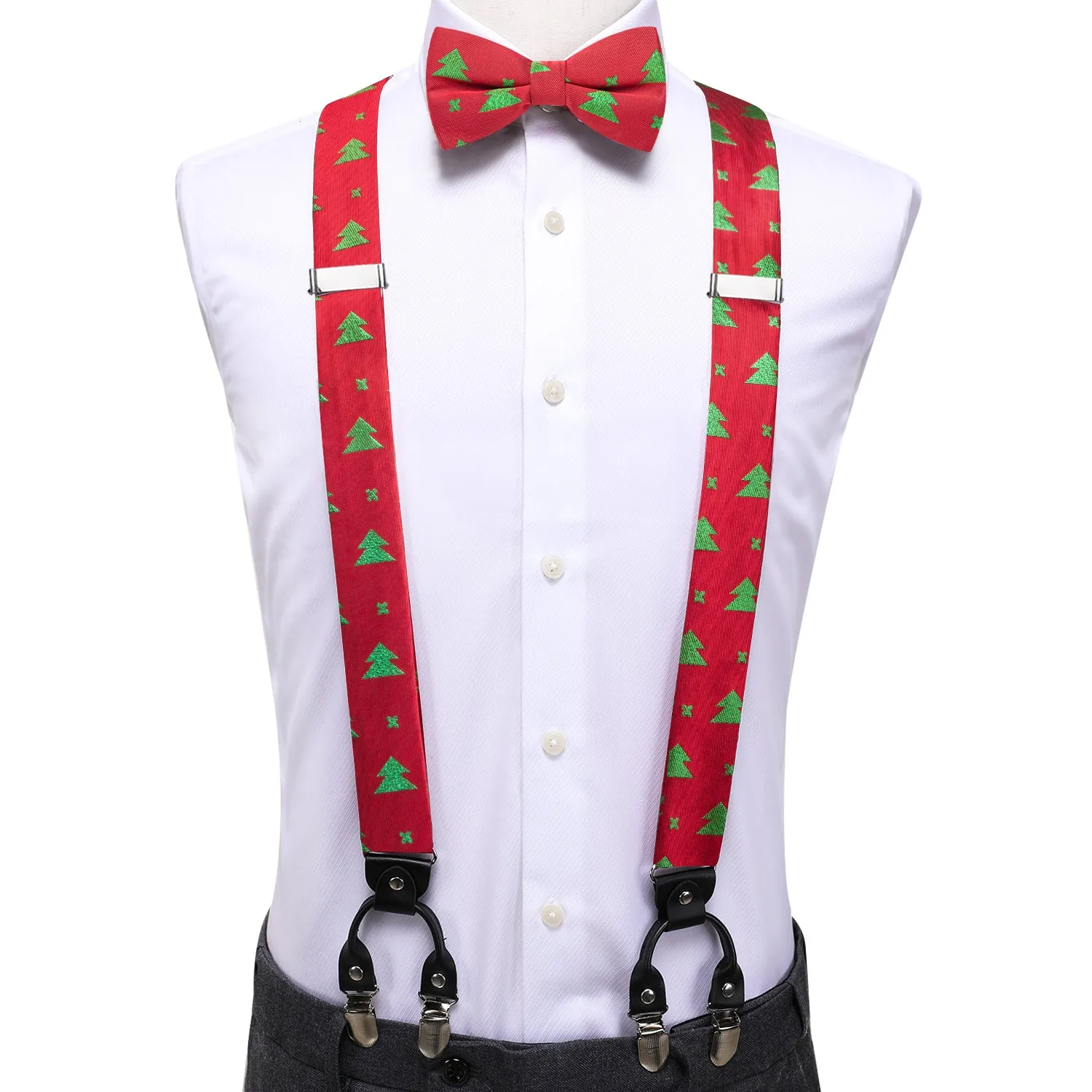 Hi-Tie Red Green Christmas Tree Suspender Bow Tie Hanky Cufflinks Set