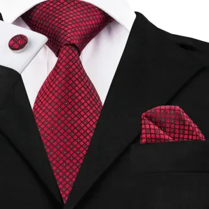 Hi-Tie Red Plaid Silk 63 Inches Extra Long Men's Formal Necktie Set