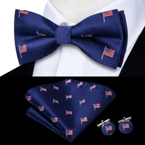 Hi-Tie Royal Blue Bowtie American Flag Pattern Tie Hanky Cufflinks Set