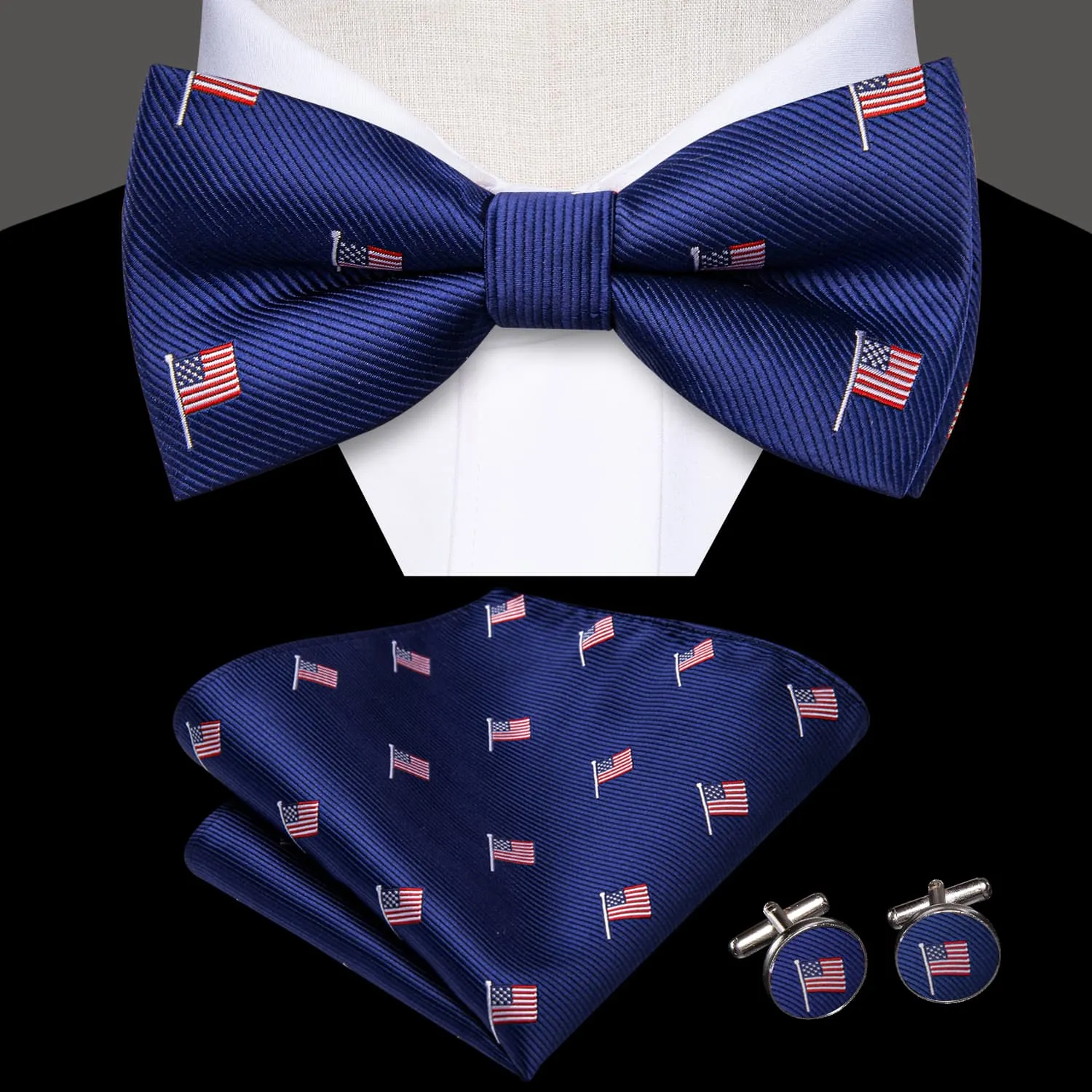 Hi-Tie Royal Blue Bowtie American Flag Pattern Tie Hanky Cufflinks Set