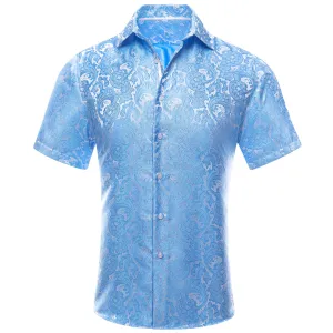 Hi-Tie Sky Blue Paisley Flower Mens Short Sleeve Windsor Collar Shirt