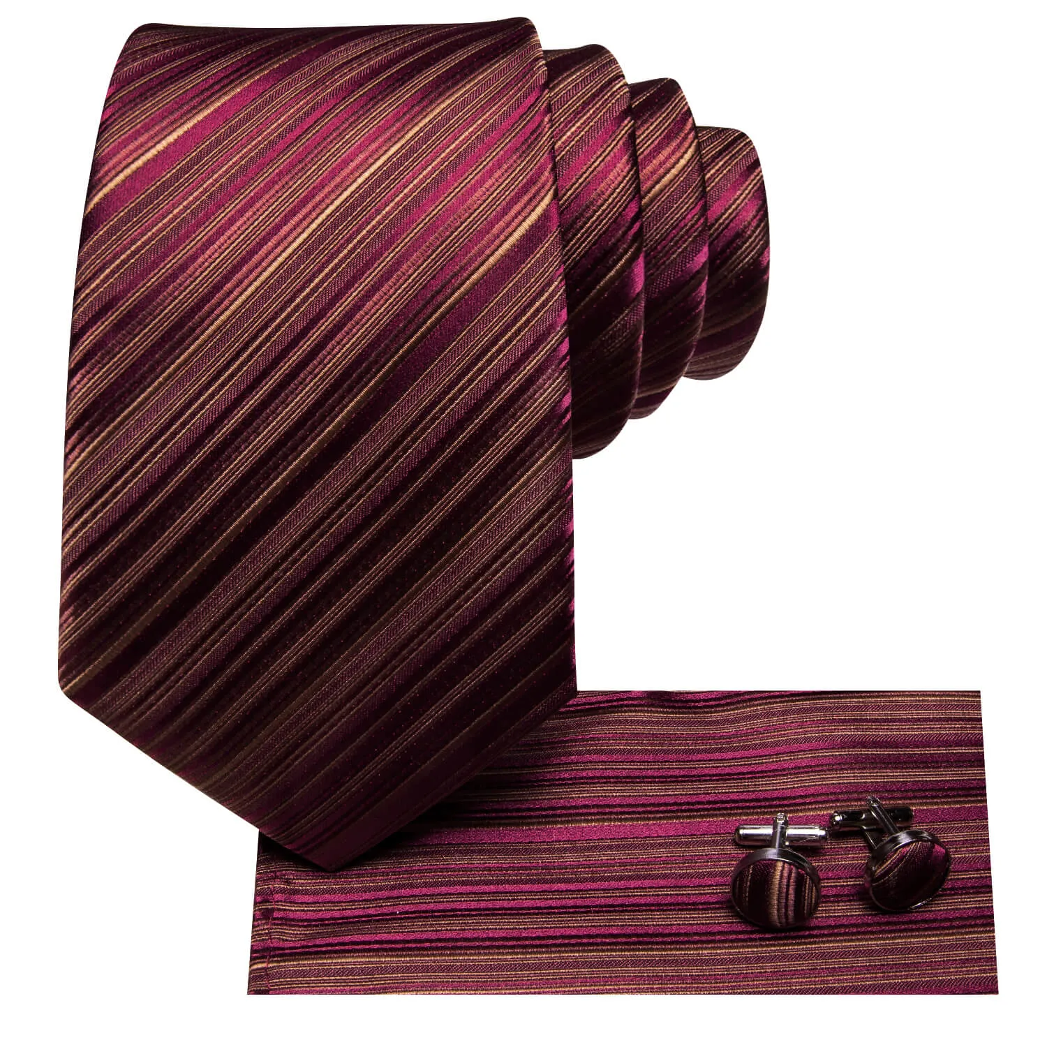 Hi-Tie Striped Wine Red Tie with Pocket Square and Cufflinks