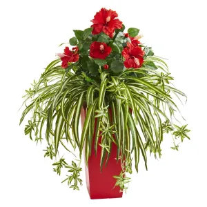 Hibiscus & Spider Artificial Plant in Red Planter