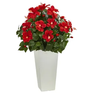 Hibiscus Artificial Plant in White Tower Planter