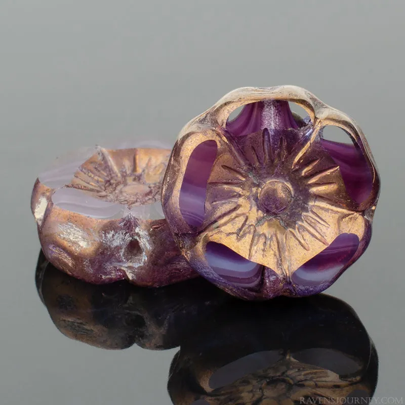 Hibiscus Flower (5-6mm) Crystal Transparent Purple Stripe Mix with Bronze Finish