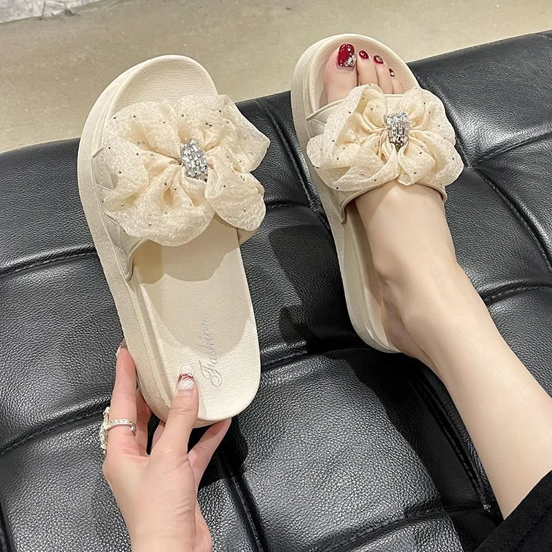 High-Grade Bow Slippers Women's Outdoor Summer Online Influencer Fashion Platform Heel Platform Height Increasing Non-Slip Beach Shoes