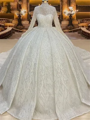 High Neck Ball Gown Wedding Dress With Luxury Beads Sequins Long Sleeve Bride Dresses Long Train Bridal Gown Real Images