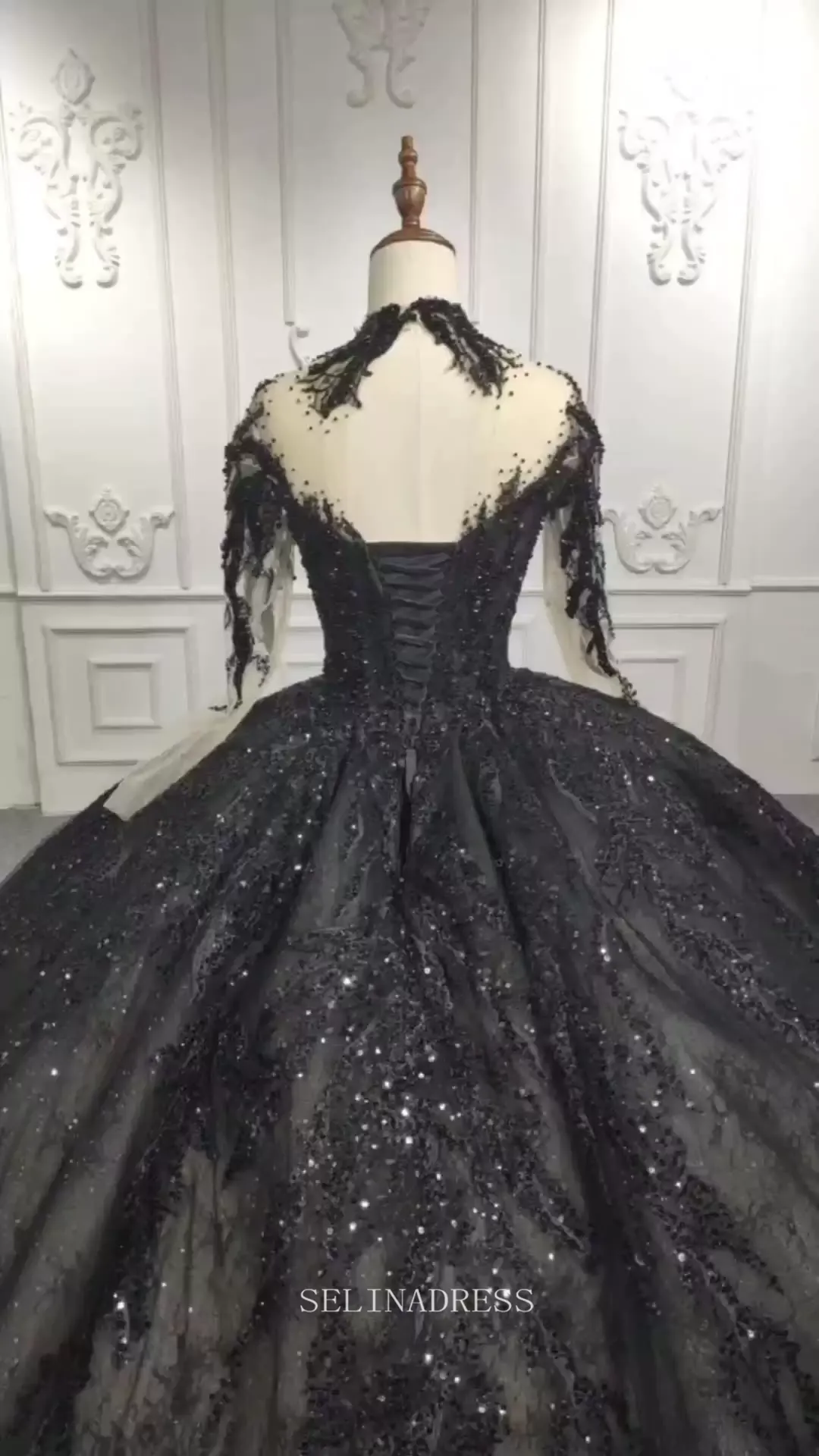 High Neck Long Sleeve Black Beaded Princess Ball Gown Elegant Evening Dress Formal Dress DY9979 Selinadress