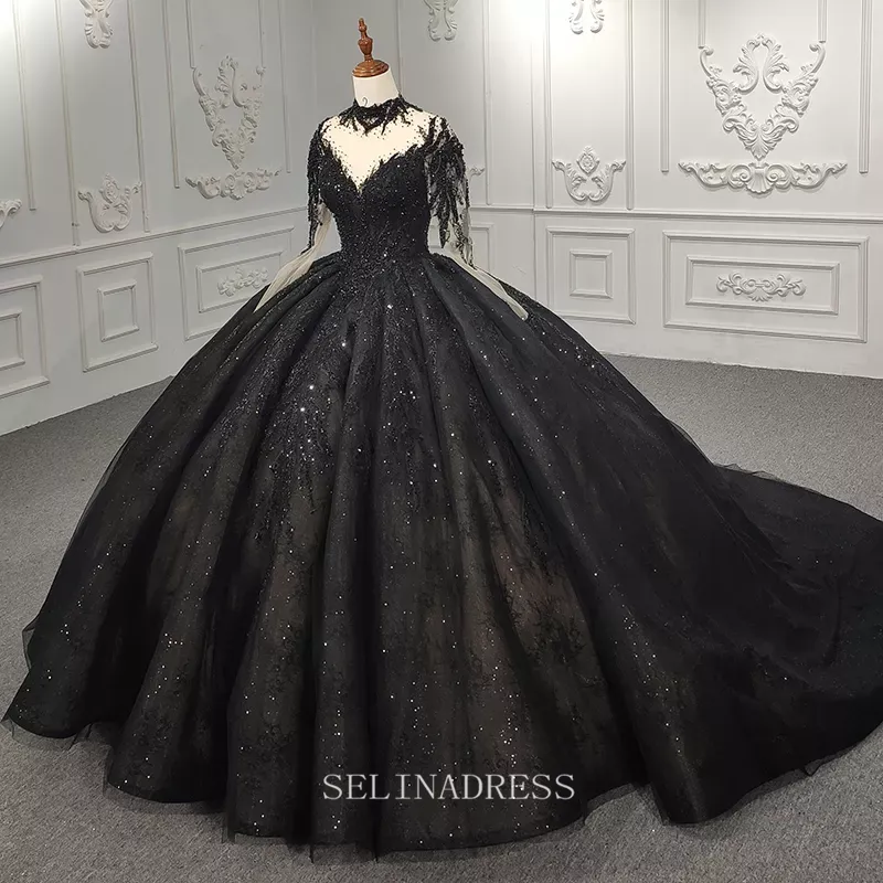 High Neck Long Sleeve Black Beaded Princess Ball Gown Elegant Evening Dress Formal Dress DY9979 Selinadress