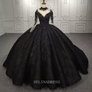 High Neck Long Sleeve Black Beaded Princess Ball Gown Elegant Evening Dress Formal Dress DY9979 Selinadress