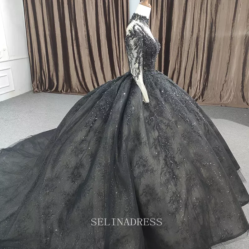 High Neck Long Sleeve Black Beaded Princess Ball Gown Elegant Evening Dress Formal Dress DY9979 Selinadress