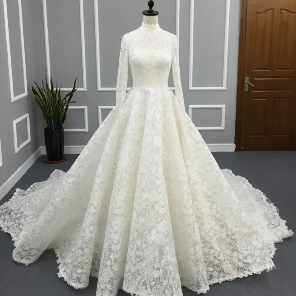 High Neck Long Sleeve Princess Lace A-line Wedding Dress With Petticoat