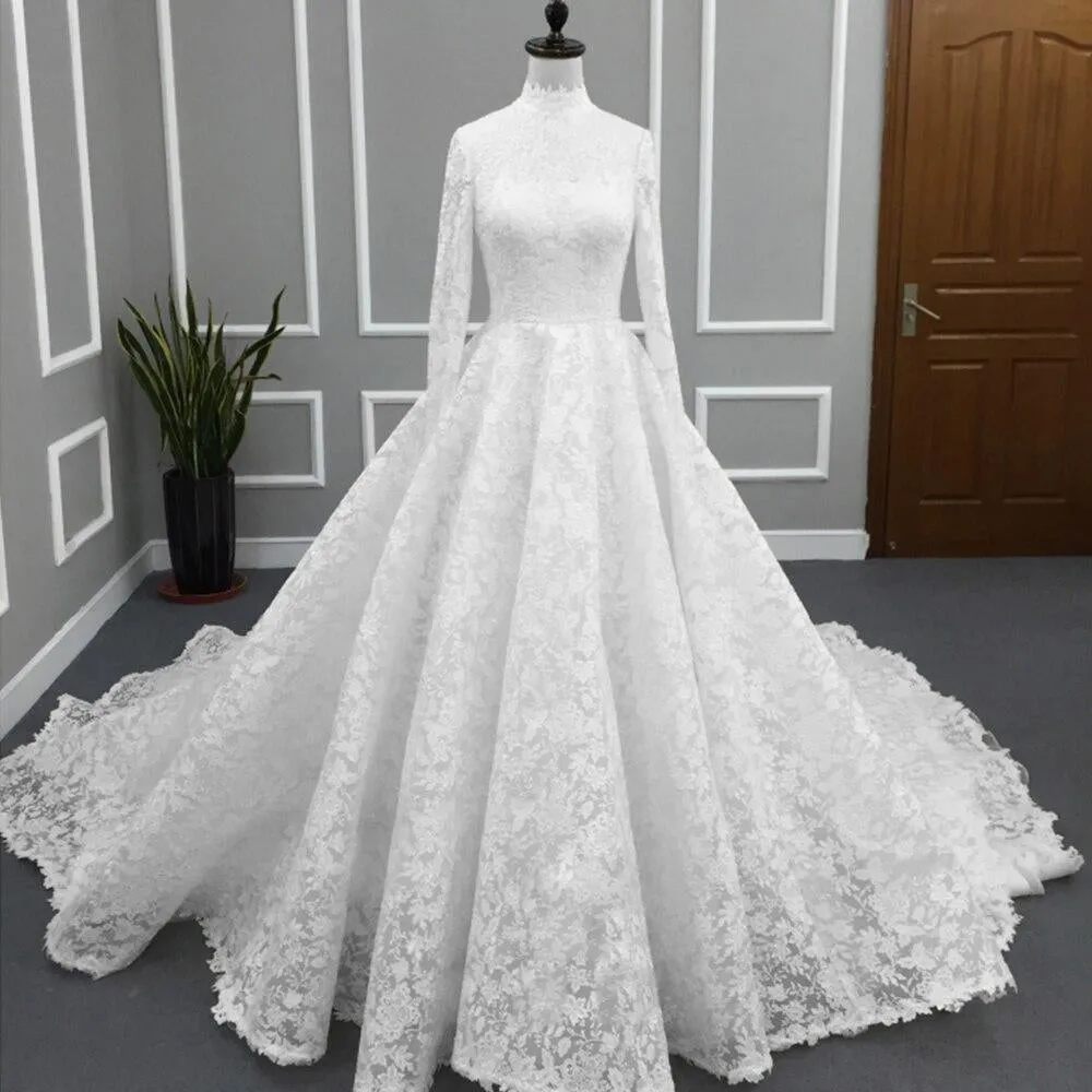 High Neck Long Sleeve Princess Lace A-line Wedding Dress With Petticoat