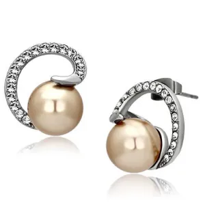 High polished (no plating) Stainless Steel Earrings with Synthetic Pearl in Brown for Women Brown Stone Color Style TK1041