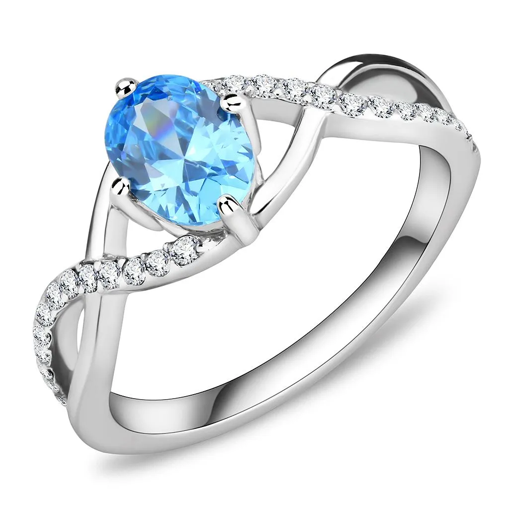 High polished (no plating) Stainless Steel Ring with AAA Grade CZ in Sea Blue for Women Style DA117