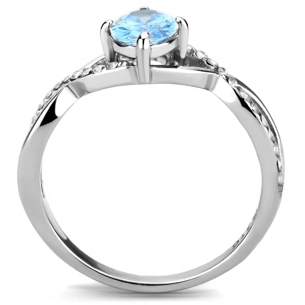 High polished (no plating) Stainless Steel Ring with AAA Grade CZ in Sea Blue for Women Style DA117