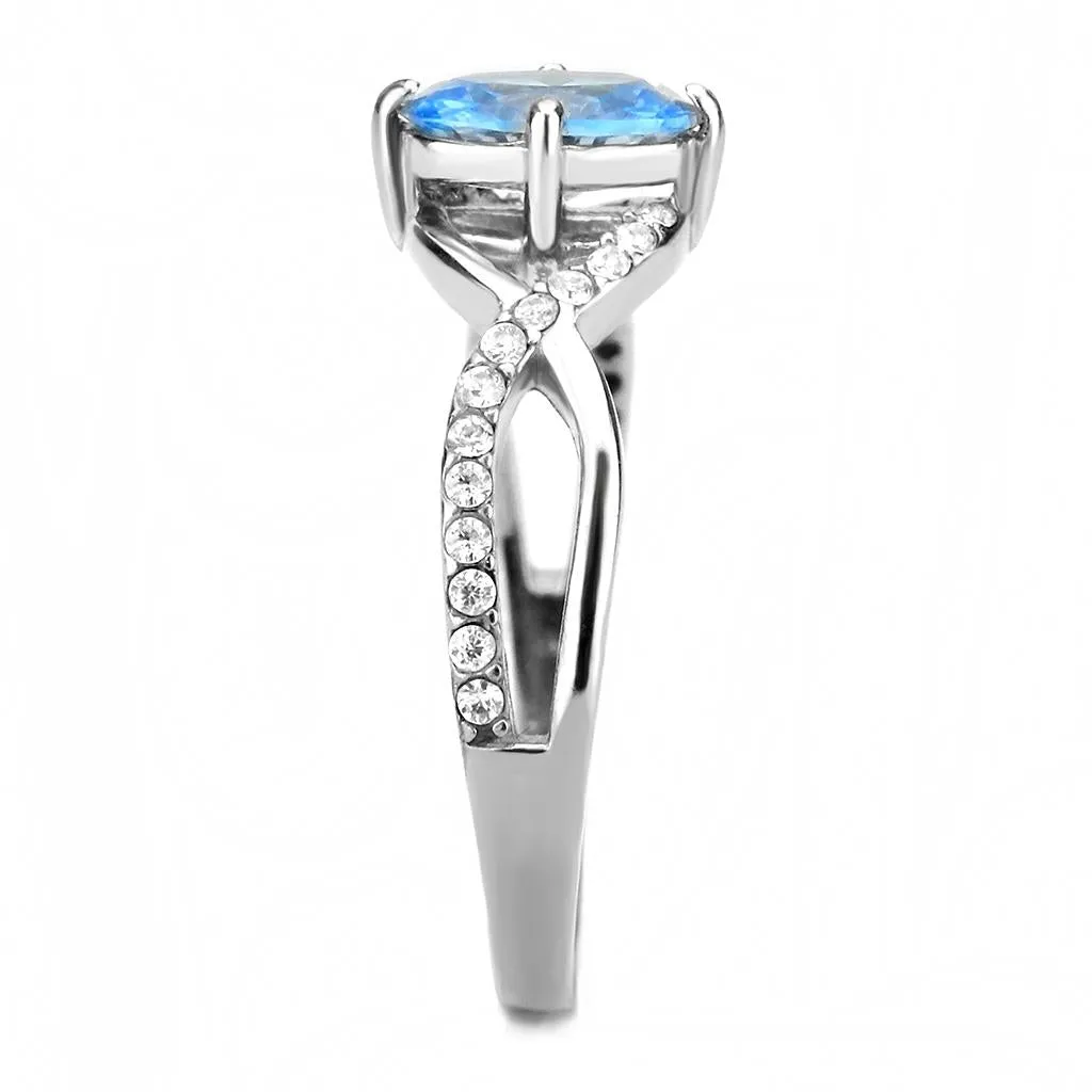 High polished (no plating) Stainless Steel Ring with AAA Grade CZ in Sea Blue for Women Style DA117