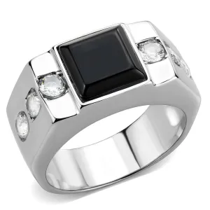 High polished (no plating) Stainless Steel Ring with Synthetic Onyx in Jet for Women Style TK3615