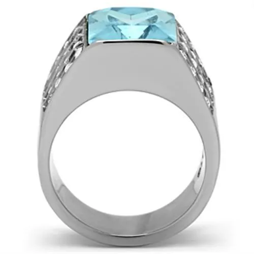 High polished (no plating) Stainless Steel Ring with Synthetic Synthetic Glass in Sea Blue for Women Style TK394