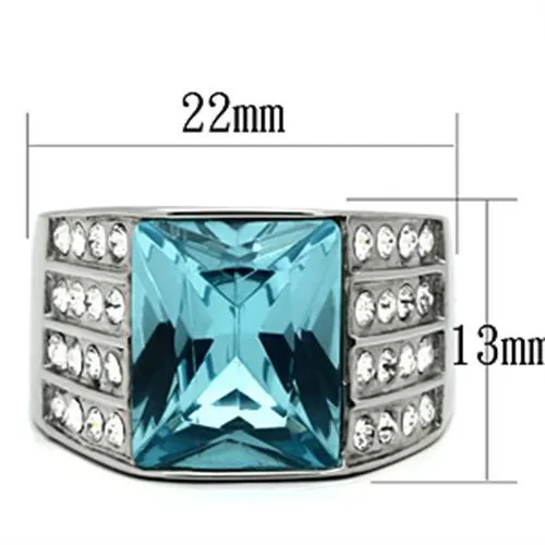 High polished (no plating) Stainless Steel Ring with Synthetic Synthetic Glass in Sea Blue for Women Style TK394