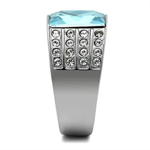 High polished (no plating) Stainless Steel Ring with Synthetic Synthetic Glass in Sea Blue for Women Style TK394