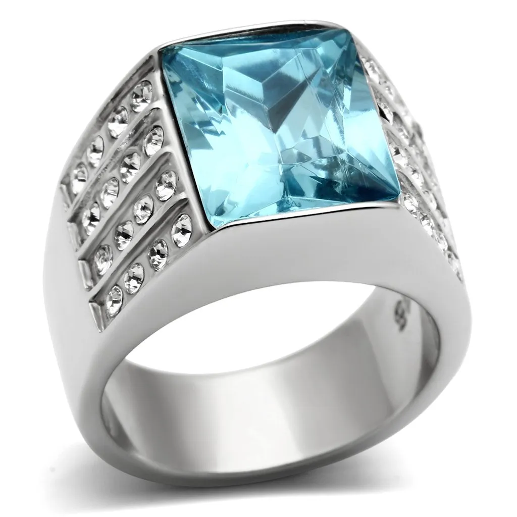 High polished (no plating) Stainless Steel Ring with Synthetic Synthetic Glass in Sea Blue for Women Style TK394