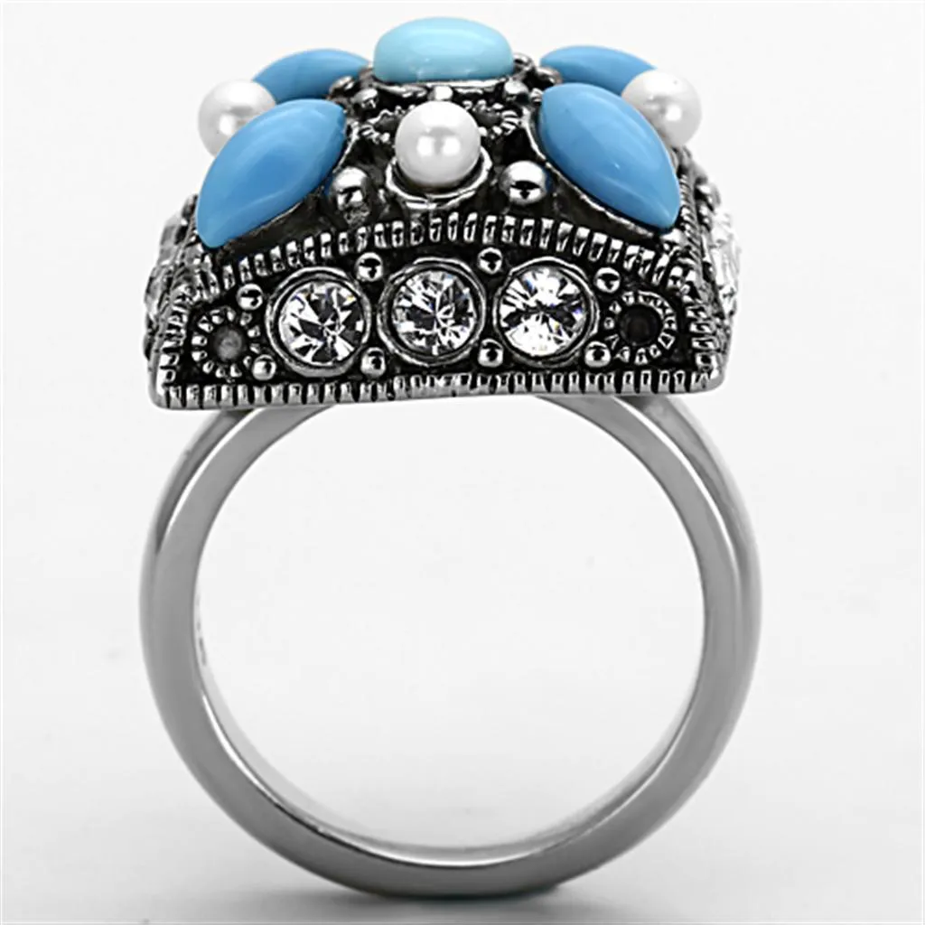 High polished (no plating) Stainless Steel Ring with Synthetic Turquoise in Sea Blue for Women Style TK1309