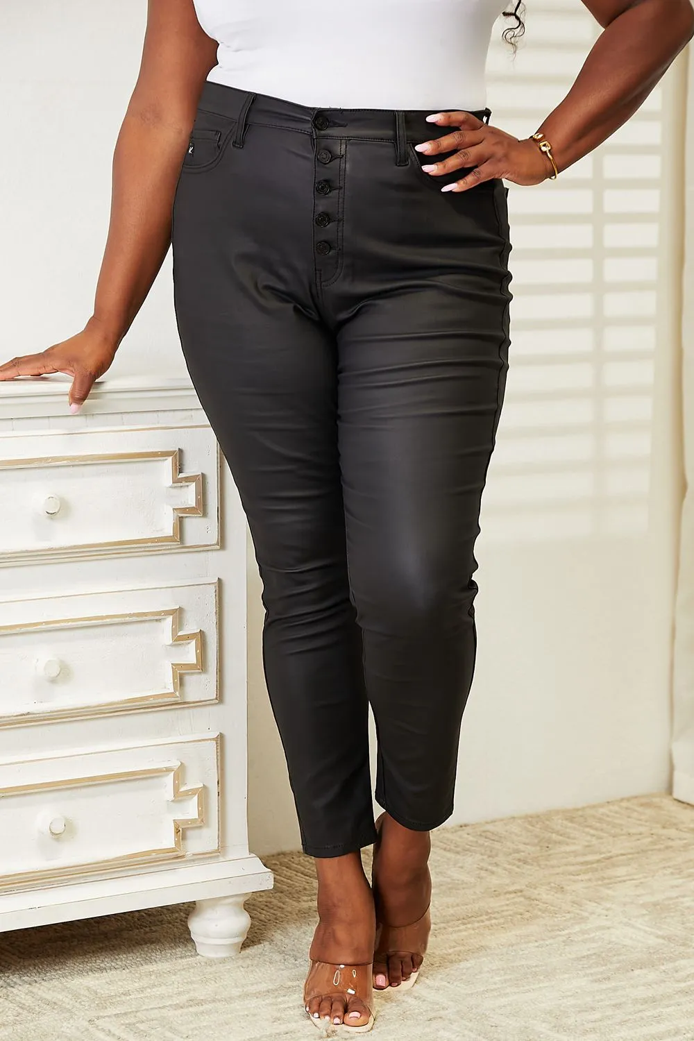 High Rise Black Coated Ankle Skinny Jeans